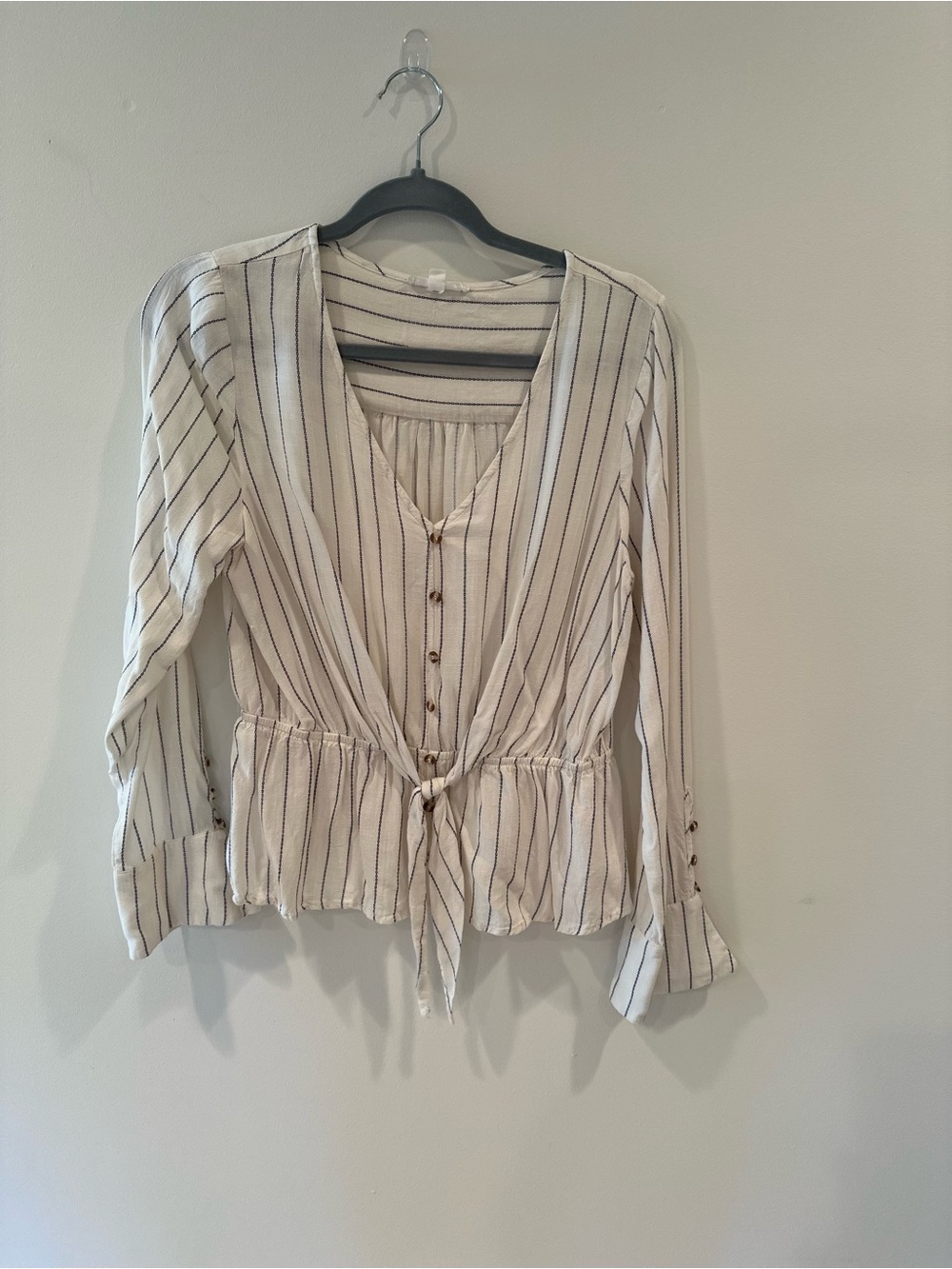 Blu Pepper Cream Striped Tie-Front Blouse - Picture 1 of 6
